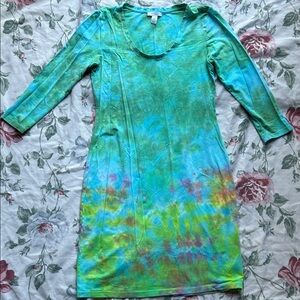OOAK Hand Dyed Tie-Dye Bodycon Mini Dress, scoop neck, 3/4 length sleeves